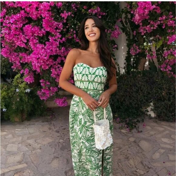 NEW Zara Linen Blend Strapless Midi Dress with Tropical Print, Size S - Picture 7 of 16